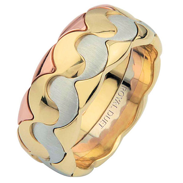 Item # 687291012E - One 18 kt tri-color gold, comfort fit, 8.5 mm wide, wedding band. The ring combines yellow, white and rose gold together to create a beautiful pattern. It has a mix of brushed and polished finishes. Different finishes may be selected or specified.