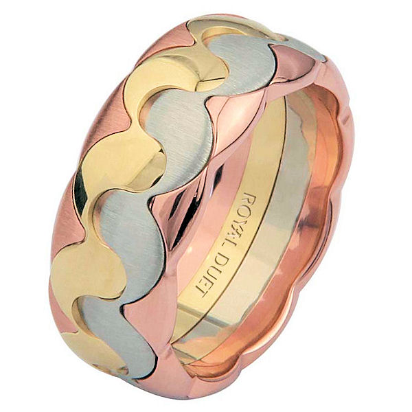 Item # 687302012 - 14 kt tri-color, comfort fit, 8.2 mm wide, wedding ring. The band has a combination of yellow, rose and white gold to create a beautiful design. It has a mix of brushed and polished finishes. Different finishes may be selected or specified. 