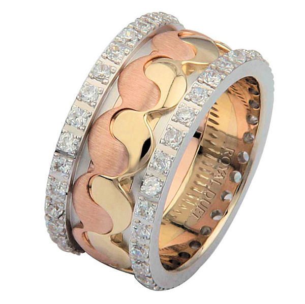 Item # 68738012D - 14 kt tri-color gold, comfort fit, 10.2 mm wide, diamond eternity wedding ring. The band has a beautiful mixture of white, rose and yellow gold with diamonds set on each side of the ring. It has approximately 1.05 ct tw round brilliant cut diamonds, that are VS1-2 in clarity and G-H in color. The diamond total weight may vary depending on the size of the ring. 
