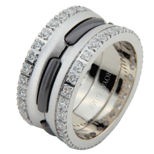 Item # 6873903DW - 14 kt white gold and black rhodium, comfort fit, 10.2 mm wide, diamond eternity wedding ring. The band is white gold with black rhodium in the center. There are diamonds set around the whole ring on each side. It has approximately 1.05 ct tw round brilliant cut diamonds, that are VS1-2 in clarity and G-H in color. The total weight of the diamonds may vary depending on the size of the ring. 