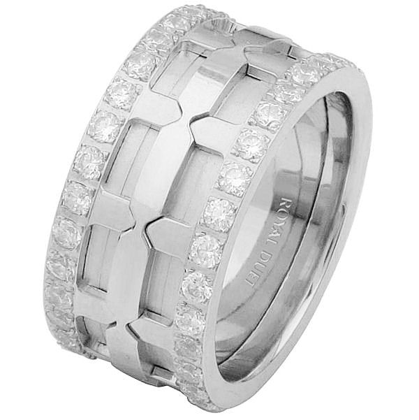 Item # 6874110DWE - 18 kt white gold, comfort fit, 10.25 mm wide, diamond eternity ring. The band has a beautiful design using white gold and diamonds. It has approximately 1.05 ct tw round brilliant cut diamonds, that are VS1-2 in clarity and G-H in color. The total diamond weight may vary depending on the size of the ring. 