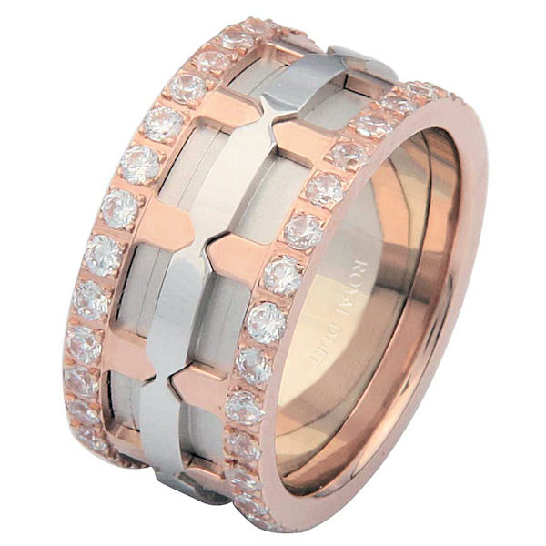Item # 6874120DR - 14 kt rose and white gold, comfort fit, 10.25 mm wide, diamond eternity ring. The band has a beautiful design with rose and white gold. There are diamonds set around the whole ring. It has approximately 1.05 ct tw round brilliant cut diamonds, that are VS1-2 in clarity and G-H in color. The diamond total weight may vary depending on the size of the ring. 