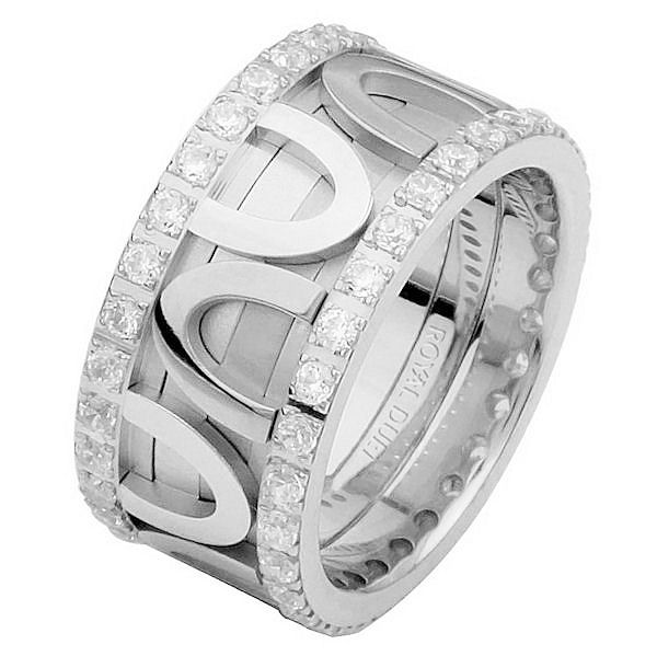 Item # 68743120DWE - 18 kt white gold, comfort fit, 10.25 mm wide, diamond eternity ring. The band has a beautiful design made with white gold. The diamonds are set around the whole ring. It has approximately 1.05 ct tw round brilliant cut diamonds, that are VS1-2 in clarity and G-H in color. The diamond total weight may vary depending on the size of the ring. 