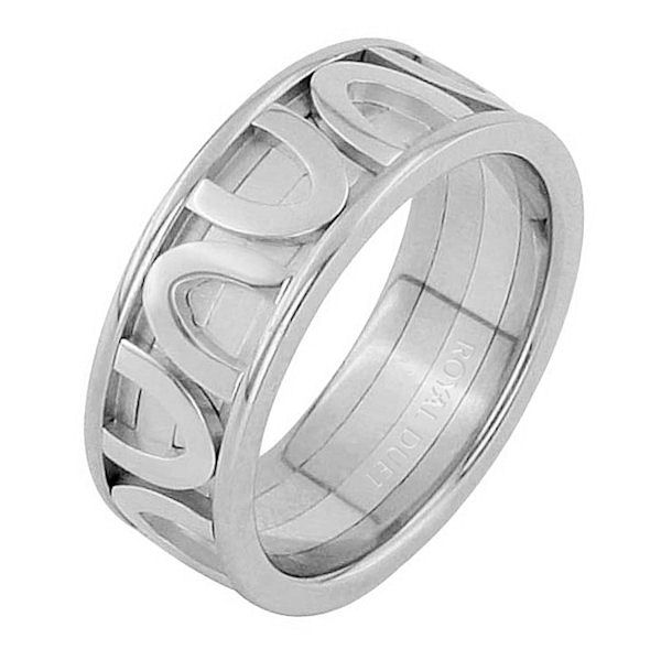 Item # 68743210W - 14 kt white gold, comfort fit, 8.25 mm wide, wedding ring. The band has a beautiful design with white gold. There is a mix of brushed and polished finishes. Other finishes may be selected or specified. 