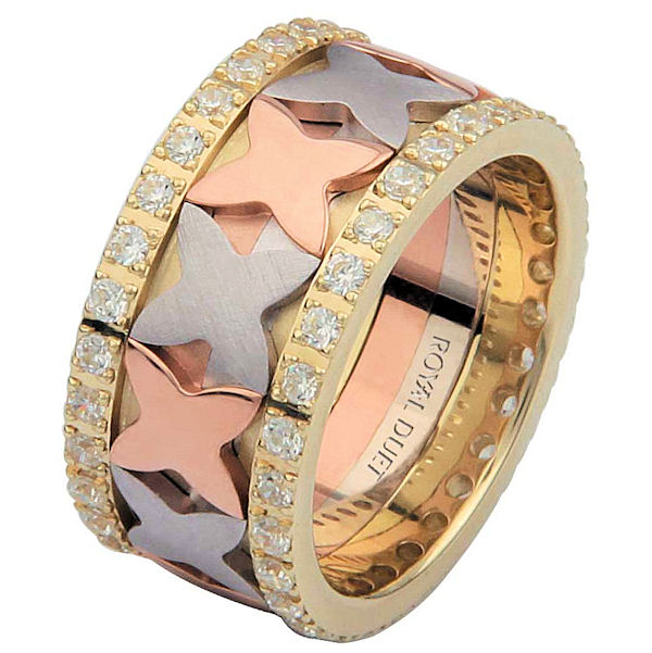 Item # 68744102D - 14 kt tri-color gold, comfort fit, 10.25 mm wide, diamond eternity ring. The band has a beautiful design with white, yellow, and rose gold. The diamonds are set around the whole ring. It has approximately 1.05 ct tw round brilliant cut diamonds, that are VS1-2 in clarity and G-H in color. Diamond total weight may vary depending on the size of the ring. 