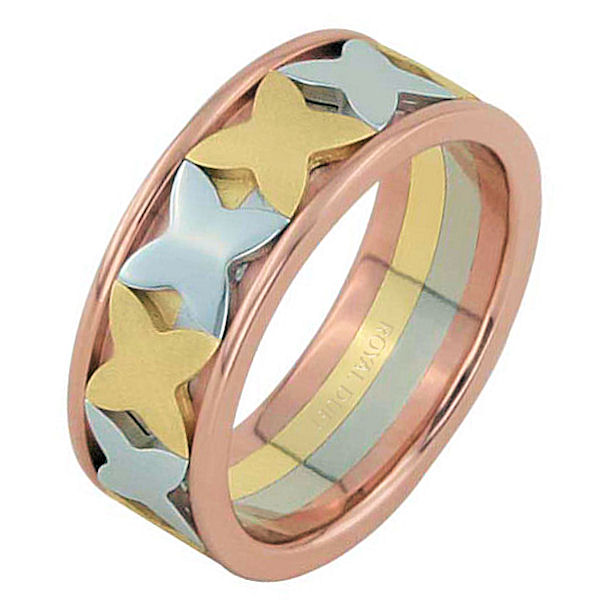 Item # 68744210 - 14 kt tri-color gold, comfort fit, 8.25 mm wide, wedding ring. The band has a mix of white, yellow and rose gold. In the center there are shapes that interchange between white and yellow gold. Finishes may be selected or specified. 