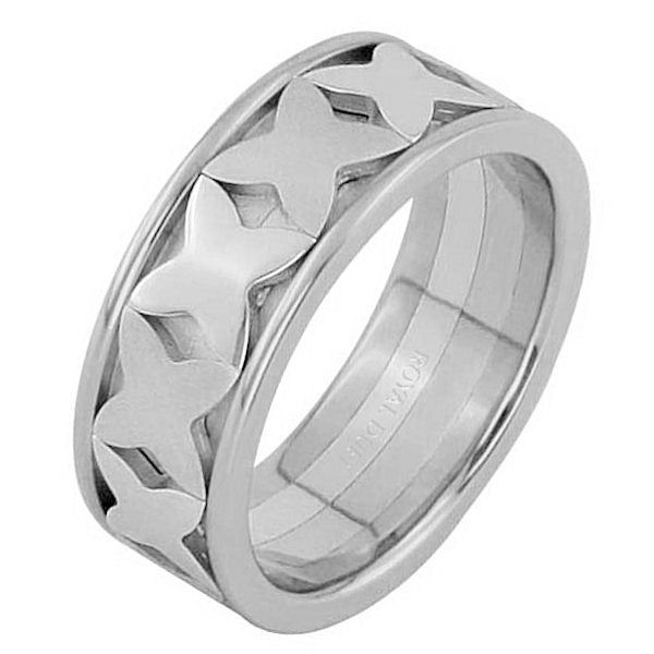 Item # 68744210W - 14 kt white gold, comfort fit, 8.25 mm wide, wedding ring. The band is in white gold with white gold shapes in the center of the ring. Finishes may be selected or specified. 