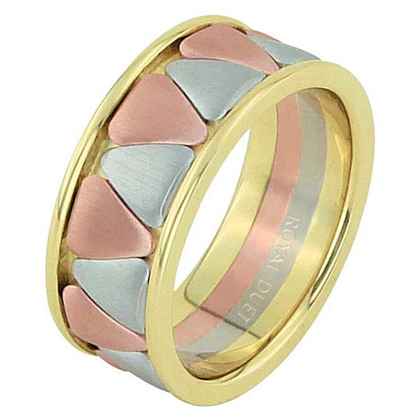 Item # 68746120 - 14 kt tri-color, comfort fit, 9.15 mm wide, wedding ring. The band is made of white, yellow, and rose gold. The center of the ring has rounded triangles with a mixture of rose and white gold. Center is brushed and the edges are polished. Other finishes may be selected or specified. 