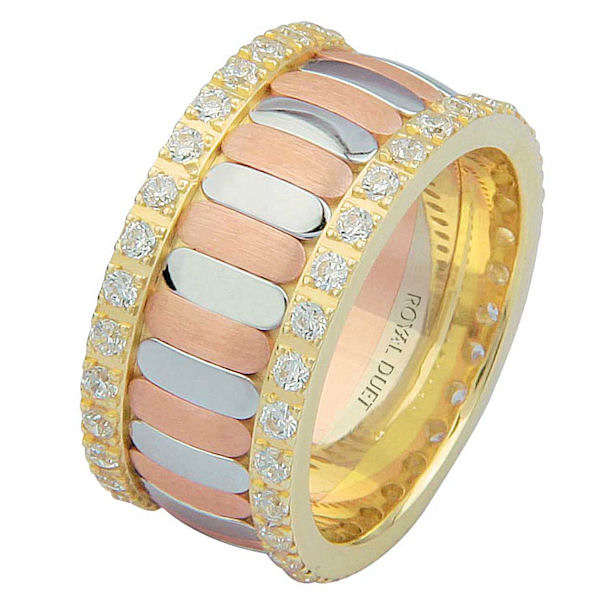 Item # 68747120D - 14 kt tri-color gold, comfort fit, 10.2 mm wide, diamond eternity ring. The band is beautifully crafted with yellow, white, and rose gold with diamonds accenting each side of the ring. It has approximately 1.05 ct tw round brilliant cut diamonds, that are VS1-2 in clarity and G-H in color. Diamond total weight may vary depending on the size of the ring. 