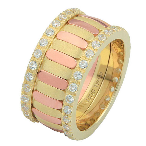 Item # 68747121DE - 18 kt rose and yellow gold, comfort fit, 10.2 mm wide, diamond eternity ring. The band is made with yellow and rose gold with diamonds accenting each side of the ring. It has approximately 1.05 ct tw round brilliant cut diamonds, that are VS1-2 in clarity and G-H in color. Diamond total weight may vary depending on the size of the ring. 