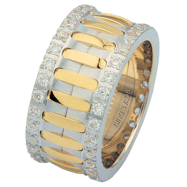 Item # 6874801DE - 18 kt two-tone gold, comfort fit, 10.1 mm wide, diamond eternity ring. The band has a beautiful composition of white and yellow gold with diamonds accenting each side of the ring. It has approximately 1.05 ct tw round brilliant cut diamonds, that are VS1-2 in clarity and G- H in color. Diamond total weight may vary depending on the size of the ring. 