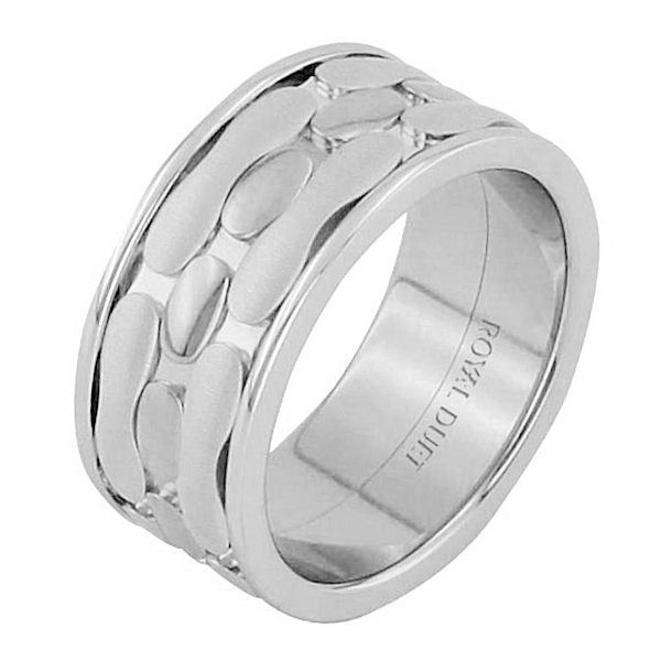 Item # 68749012W - 14 kt white gold, comfort fit, 10.1 mm wide, wedding ring. The band has a unique design made with white gold. There is a mix of brushed and polished finishes. Other finishes may be selected or specified. 