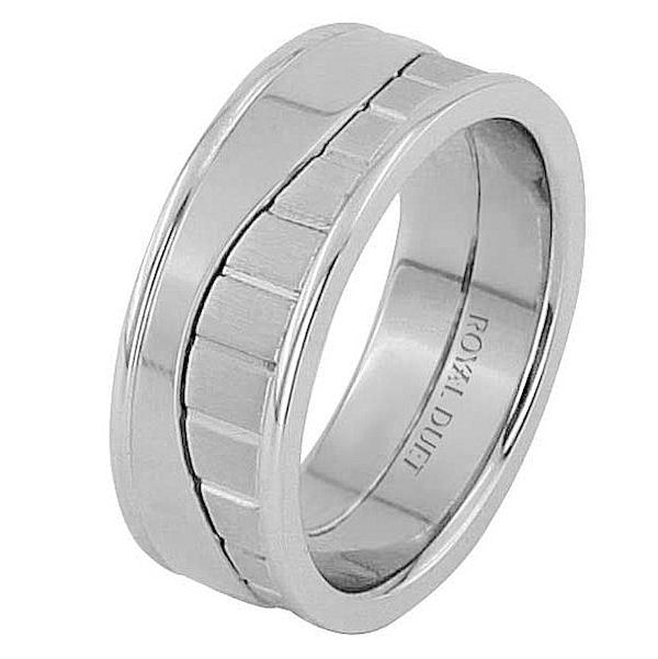 Item # 68752010W - 14 kt white gold, comfort fit, 8.25 mm wide, wedding ring. The band has a unique design made with white gold. There is a mix of brushed and polished finishes. Other finishes may be selected or specified. 