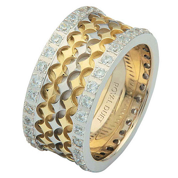 Item # 68753010D - 14 kt two-tone gold, comfort fit, 10.0 mm wide, diamond eternity ring. The band has a beautiful composition of white and yellow gold with diamond accenting each side of the band. It has about 1.05 ct tw round brilliant cut diamonds, that are VS1-2 in clarity and G-H in color. The total diamond weight may vary depending on the size of the ring. 