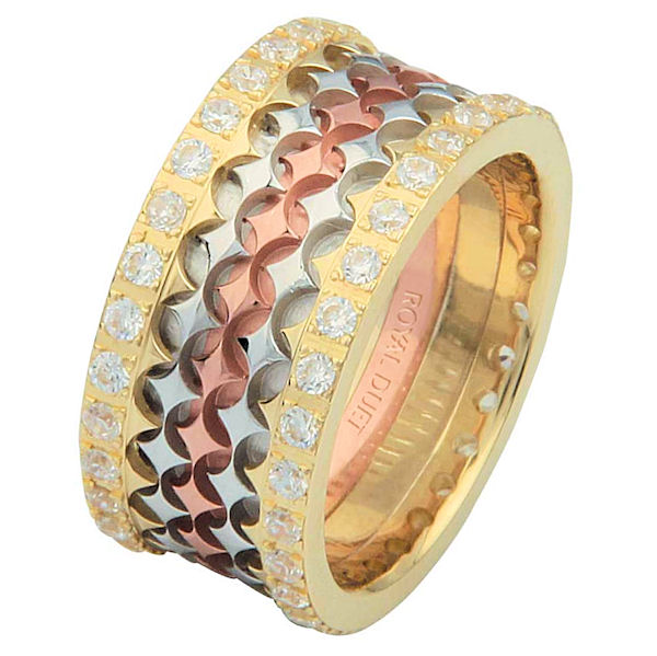 Item # 68753102D - 14 kt tri-color gold, comfort fit, 10.0 mm wide, diamond eternity ring. The band has a beautiful composition of rose, yellow, and white gold with diamonds accenting each side of the ring. It has about 1.05 ct tw round brilliant cut diamonds, that are VS1-2 in clarity and G-H in color. Diamond total weight may vary depending on the size of the ring. 