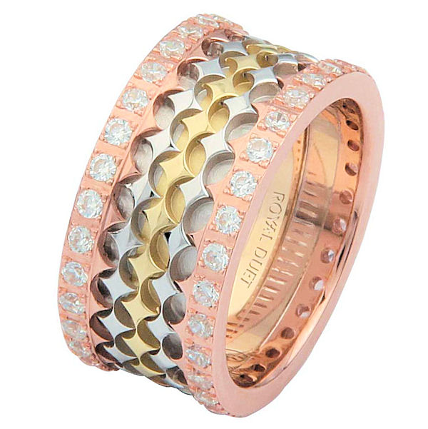 Item # 68753201DE - 18 kt tri-color gold, comfort fit, 10.0 mm wide, diamond eternity ring. The band has a beautiful composition of rose, yellow, and white gold with diamond accenting the ring on each side. It has about 1.05 ct tw round brilliant cut diamonds, that are VS1-2 in clarity and G-H in color. The diamond total weight may vary depending on the size of the ring. 