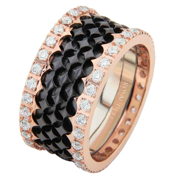 Item # 68753232DRE - 18 kt rose gold and black rhodium, comfort fit, 10.0 mm wide, diamond eternity ring. The band has a beautiful composition of rose gold and black rhodium with diamonds accenting each side of the ring. It has about 1.05 ct tw round brilliant cut diamonds, that are VS1-2 in clarity and G-H in color. Diamond total weight may vary depending on the size of the ring. 