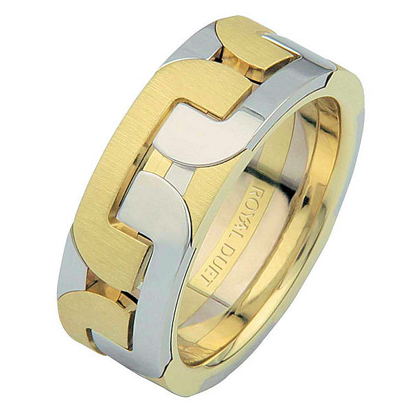 Item # 687551010E - 18 kt two-tone gold, comfort fit, 7.3 mm wide, wedding ring. The band has a beautiful combination of white and yellow gold. There is a mix of brushed and polished finishes. Other finishes may be selected or specified. 