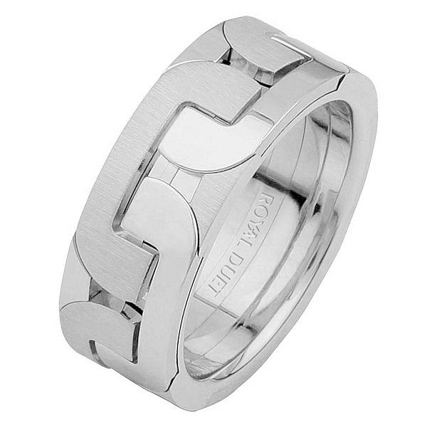 Item # 687551010WE - 18 kt white gold, comfort fit, 7.3 mm wide, wedding ring. The band has a unique design made in white gold. There is a mix of brushed and polished finishes. Other finishes may be selected or specified. 