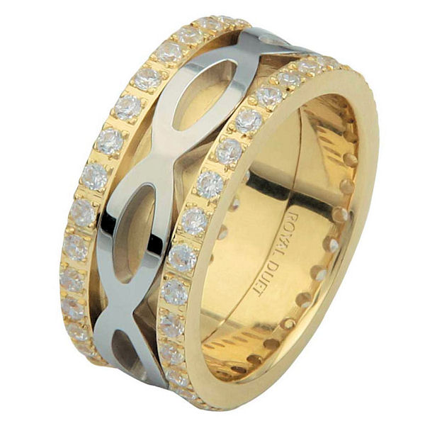 Item # 6875610D - 14 kt two-tone gold, comfort fit, 8.75 mm wide, diamond eternity ring. The band has a beautiful composition of white and yellow gold with diamonds accenting each side of the ring. It has about 1.05 ct tw round brilliant cut diamonds, that are VS1-2 in clarity and G-H in color. The diamond total weight may vary depending on the size of the ring. 