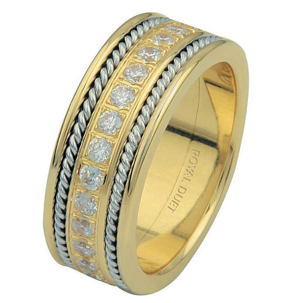 Item # 6875810DE - 18 kt two-tone gold, comfort fit, 7.65 mm wide, diamond eternity ring. The band has a beautiful combination of white and yellow gold with diamons set in the center. There are two hand crafted ropes on each side of the ring. The ring has about 1.02 ct tw round brilliant cut diamonds, that are VS1-2 in clarity and G-H in color. 