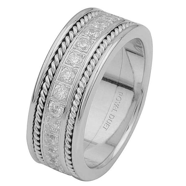 Item # 6875810DW - 14 kt white gold, comfort fit, 7.65 mm wide, diamond eternity ring. The band has a beautiful hand crafted design made with white gold and diamonds set down the center of the ring. It has about 1.02 ct tw round brilliant cut diamonds, that are VS1-2 in clarity and G-H in color. 