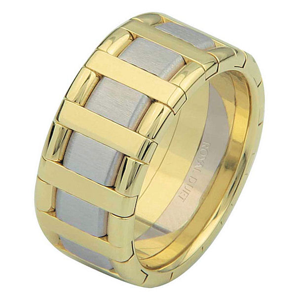 Item # 68760101 - 14 kt two-tone gold, comfort fit, 9.15 mm wide, wedding ring. The band has a beautiful combination of white and yellow gold. There is a mix of brushed and polished finishes. Other finishes may be selected or specified. 
