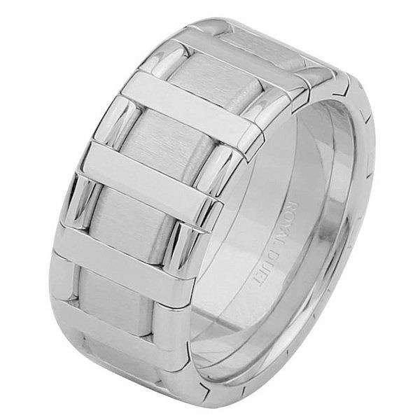 Item # 68760101WE - 18 kt white gold, comfort fit, 9.15 mm wide, wedding ring. The band has a beautiful design made with white gold. There is a mix of brushed and polished finishes. Other finishes may be selected or specified. 