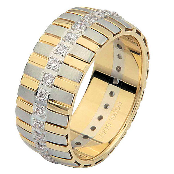 Item # 68761010D - 14 kt two-tone gold, comfort fit, 8.20 mm wide, diamond eternity ring. The band has a unique combination of white and yellow gold with diamonds set down the center of the ring. It has about 0.60 ct tw round brilliant cut diamonds, that are VS1-2 in clarity and G-H in color. Diamond total weight may vary depending on the size of the ring. 