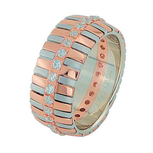Item # 68761020DR - 14 kt rose and white gold, comfort fit, 8.20 mm wide, diamond eternity ring. The band has a beautiful combination of white and rose gold with diamonds set down the center. It has about 0.60 ct tw round briliant cut diamonds, that are VS1-2 in clarity and G-H in color. The diamond total weight may vary depending on the size of the ring. 