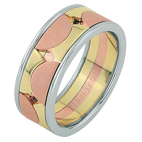 Item # 68762012 - 14 kt tri-color gold, comfort fit, 8.3 mm wide, wedding ring. The band has a unique combination of white, rose, and yellow gold. Different finishes may be selected or specified. 