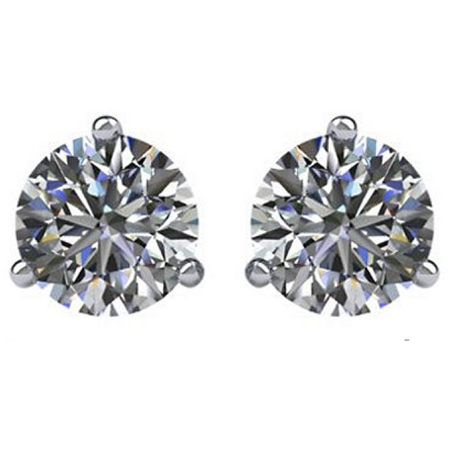 Item # 733003WE - 18K white gold, 3-prongs, friction back diamond earrings. Diamonds together weigh approximately 3.0ct and are graded as SI in clarity G-H in color.