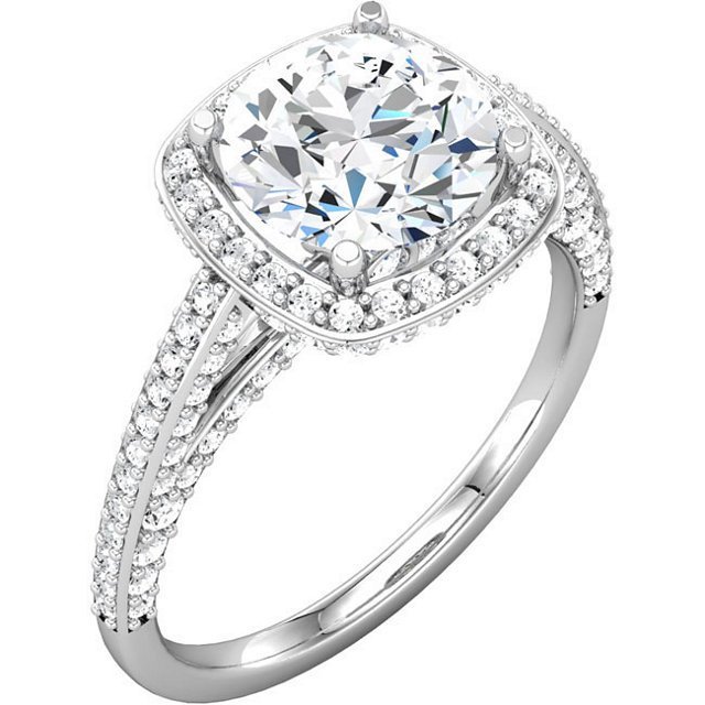 Item # 74603APP - Platinum halo engagement ring. The ring holds pave' set 124 round brilliant cut diamonds with total weight of 3/4ct. The diamonds are graded as  graded as SI in Clarity G-H in Color. The ring also holds one round brilliant ideal cut diamond in the center that is certified by GIA as SI1 in Clarity and H in color. Different diamond sizes are available.