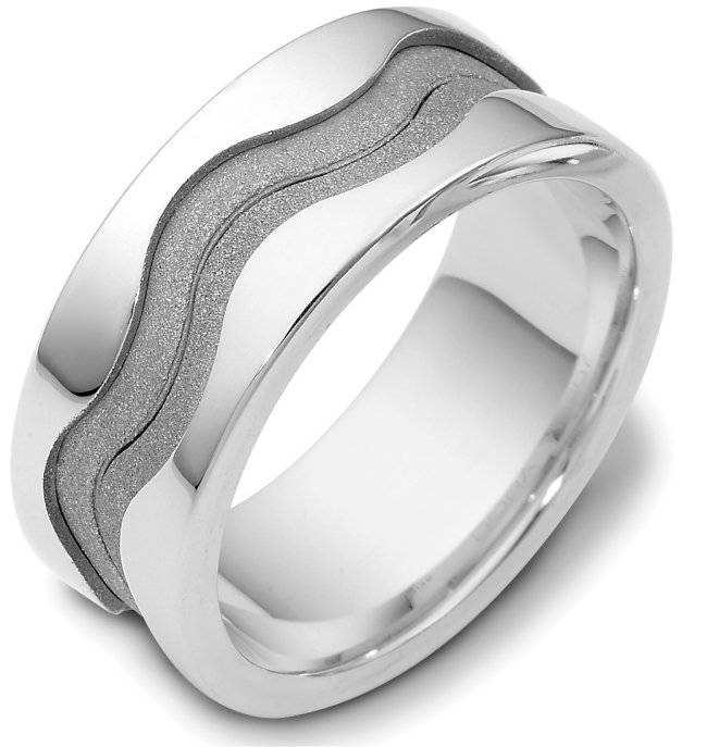 Item # A122071W - One 14 K white gold, 9.0 mm wide, comfort fit wedding band. The center of the band has a coarse and heavy sandblast matte finish. The outer edges are polished. Different finishes may be selected or specified.