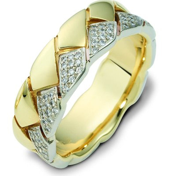 Item # A122611E - 18 K white and yellow gold 7.5 mm wide, comfort fit, diamond wedding band. Diamonds total weight in size 7.0 is approximately 0.60 ct. The diamonds are graded as VS1-2 in clarity G-H in color. The finish is polished. Different finishes may be selected or specified.