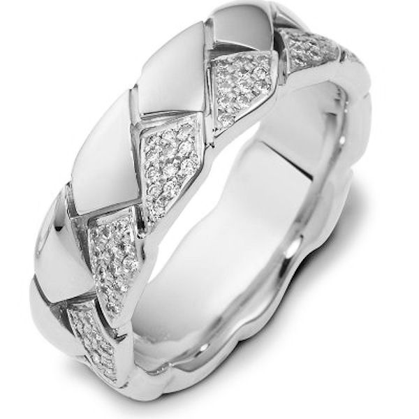 Item # A122611WE - 18 K white gold 7.5 mm wide, comfort fit, diamond wedding band. Diamonds total weight in size 7.0 is approximately 0.60 ct. The diamonds are graded as VS1-2 in clarity G-H in color. The finish is polished. Different finishes may be selected or specified.