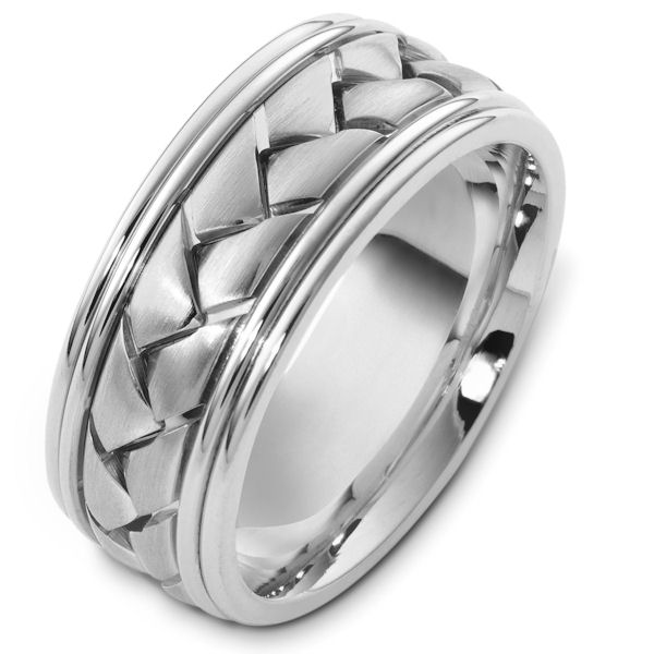 Item # A123491WE - 18 kt white gold, braided, comfort fit, 9.0 mm wide wedding band. The braided portion is a brush finish. The outer edges are polished. Different finishes may be selected or specified. 