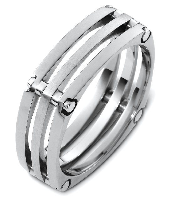 Item # A123571WE - 18K white gold, comfort fit 7.0 mm wide wedding band. The finish in the center band is matte and the other two bands are polished. Different finishes may be selected or specified. 