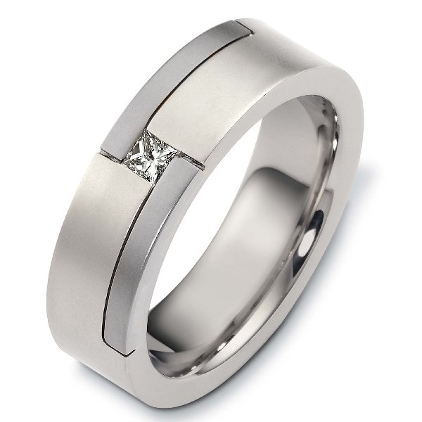 Item # A124441W - 14K White gold, 6.5 mm wide, comfort fit, 0.18ct princess cut diamond ring. Diamond is graded as VS1 in clarity G-H in color. The finish is matte with polished top bars. Different finishes may be selected or specified.