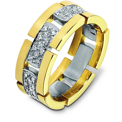 Item # A124671E - 18K gold, 8.5 mm wide, comfort fit flexible diamond band. Diamond approximate total weight 0.66 ct. Diamonds are graded as VS in clarity G-H in Color. The links are flexible. The center of the band is a matte finish and the outer edges are polished. Different finishes may be selected or specified.