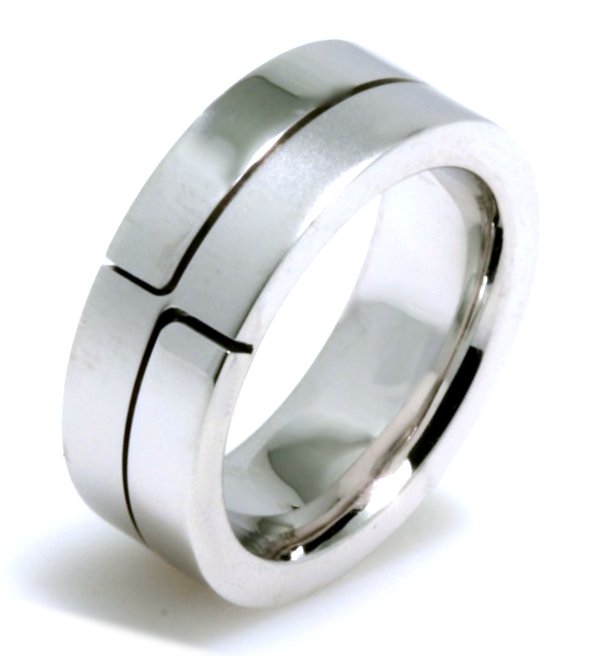 Item # A124731W - 14K white gold, comfort fit, 7.0 mm wide wedding band. There is a larger separation between the pieces on the other end of the band. Part of the ring is polished and the other is matte. Different finishes may be selected or specified.