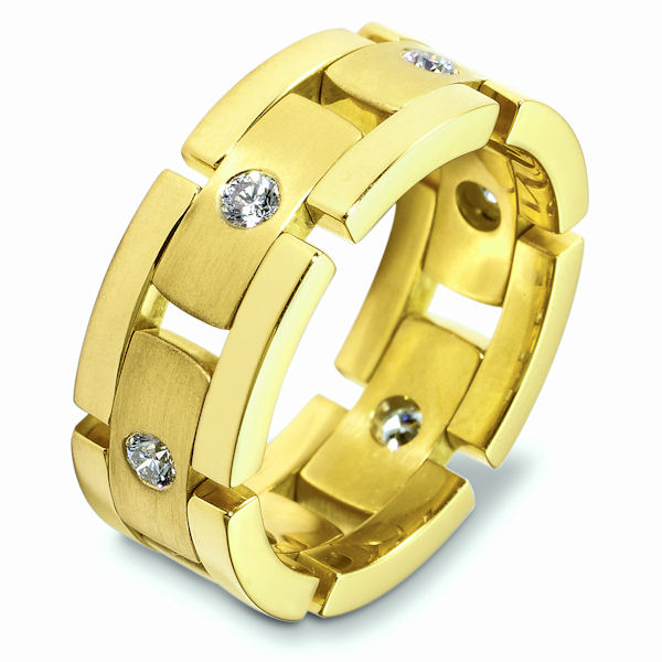 Item # A124931 - 14K yellow gold, flexible, 8.0 mm wide, comfort fit, 0.48 ct tw diamond. Diamonds are graded as VS in clarity G-H in color. The finish in the center of the ring is brushed and the outer edges are polished. Different finishes may be selected or specified. 