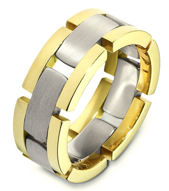 Item # A124941 - 14K two-tone gold, 8.0 mm wide, comfort fit, wedding band. Links are flexible. The finish in the center of the ring is brushed and the outer edges are polished. Different finishes may be selected or specified. 
