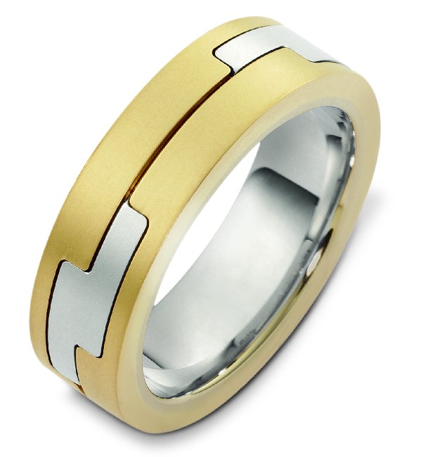 Item # A124961 - 14K two-tone gold, comfort fit, 7.0 mm wide wedding band. The white gold parts in the band are polished and the yellow gold is matte. Different finishes may be selected or specified.  