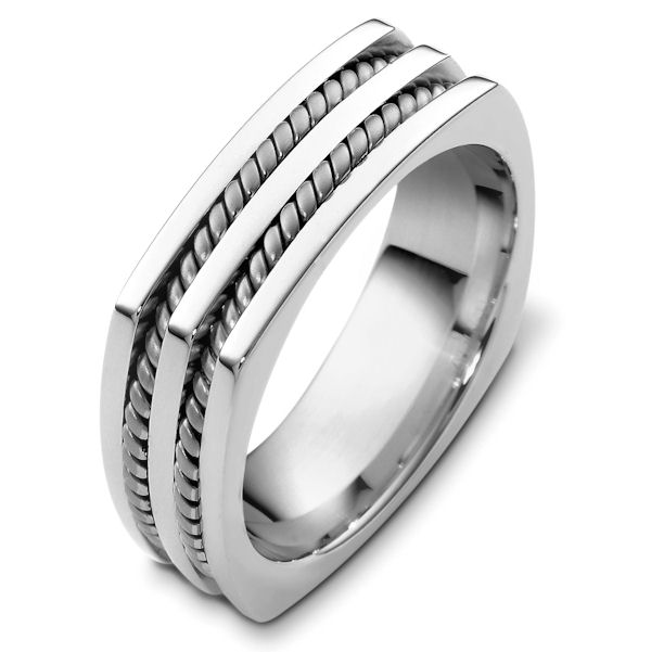Item # A125581W - 14K white gold, comfort fit, 7.0 mm wide, hand crafted wedding band. There are two hand made ropes inlayed in the band. The finish on the ring is polished. Different finishes may be selected or specified. 