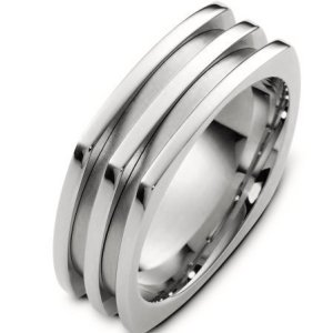 Item # A125781W - 14K white gold, comfort fit, 7.5 mm wide wedding band. The two lower bands inlayed in the ring have a matte finish and the rest of the band is polished. Different finishes may be selected or specified.