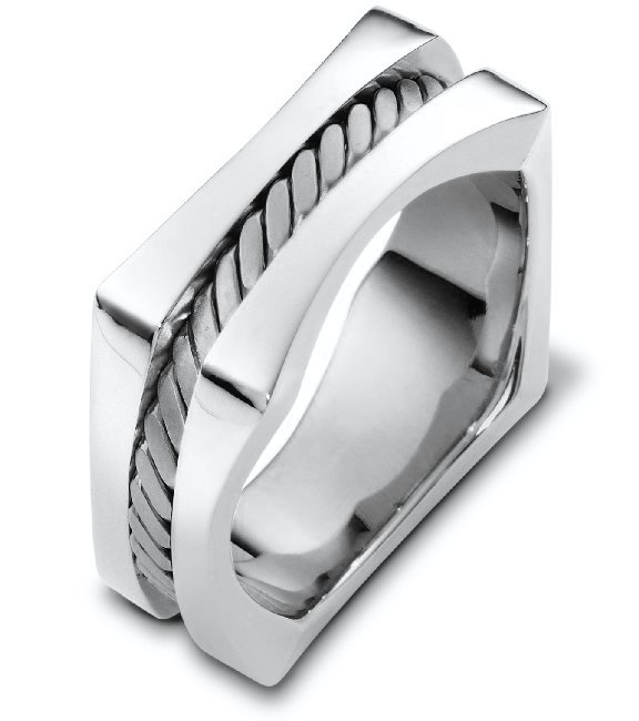 Item # A125861AG - Sterling silver, 9.0 mm wide comfort fit wedding band. There is one handmade rope in the center with a brush finish. The outer edges are polished. Different finishes may be selected or specified.