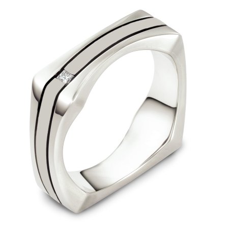 Item # A125881WE - 18K white gold, 7.5 mm wide, comfort fit wedding band. Diamond is princess cut that weighs 0.02 ct and graded as vs2 in clarity g in color. The center portion of the ring has a matte finish and the outer edges have a polished finish The ring has high polished finish.  Different finishes may be selected or specified.