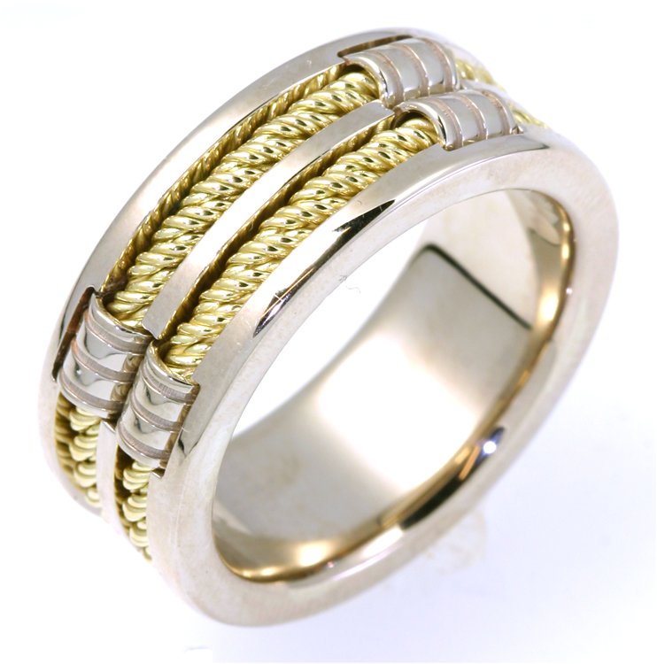 Item # A125921E - 18 K two-tone gold, 9.50mm wide, 4mm thick, handmade, comfort fit wedding band.  The finish on the hand made cable ropes are matte and the rest of the ring is polished. Different finishes may be selected or specified.