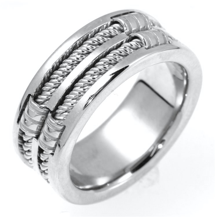 Item # A125921WE - 18 K white gold, 9.50mm wide, 4mm thick, handmade, comfort fit wedding band. The finish on the hand made cable ropes are matte and the rest of the ring is polished. Different finishes may be selected or specified.